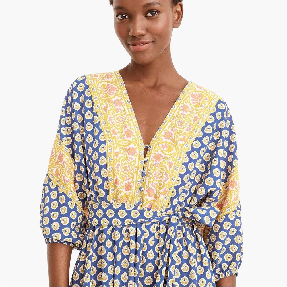 J. Crew floral block print blue yellow tie waist midi dress size XXS V neck boho